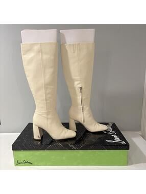 Sam Edelman Clarem Knee High Heeled Boots Ivory White Leather Women’s 7.5